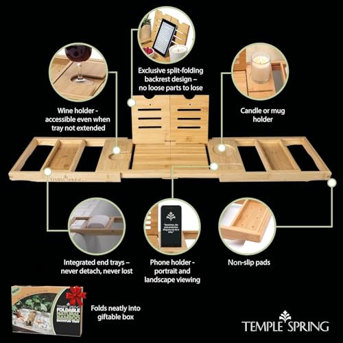 Foldable-Bamboo-Bathtub-Tray-Caddy-for-Tub--Expandable-One-Piece-Wood-Bath-Table-with-Wine-Holder-Book-Stand-and-Non-Slip-Pads--Space-Saving-Bath-Caddy--Housewarming