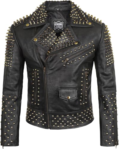 Image of Men's Studded Cowhide Leather Biker Jacket - Punk Rock Spiked Brando Coat