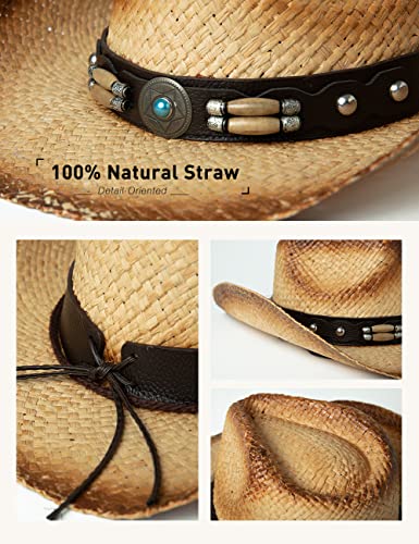Image of Comhats Western Style Round Cowboy Straw Hat Ladies Fedora Chin Cord Vegan Leather Band Shapeable Brim Beach Cowgirl