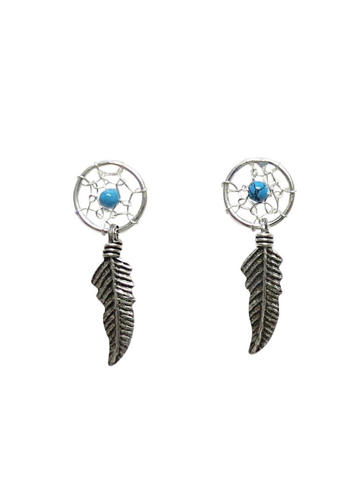 Dream Catcher Stud Earrings with Dream Catcher and Feather 925 Sterling Silver 10 mm