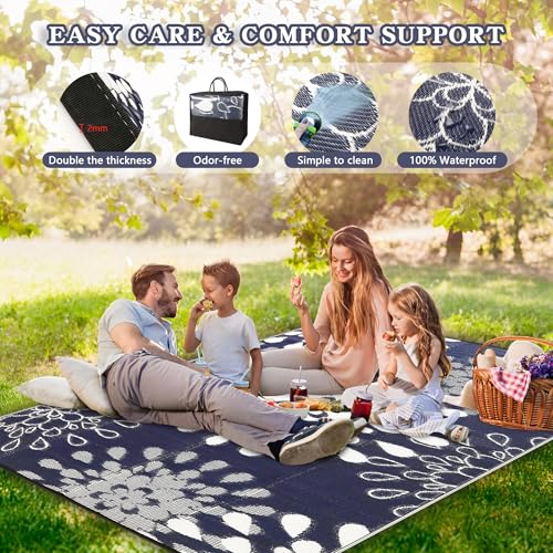 Image of Wallona Outdoor Rug 8x10 ft, Flower Blue & White | Waterproof Reversible Patio Carpet for RV, Outside Camping, Deck, Porch, Balcony, Beach