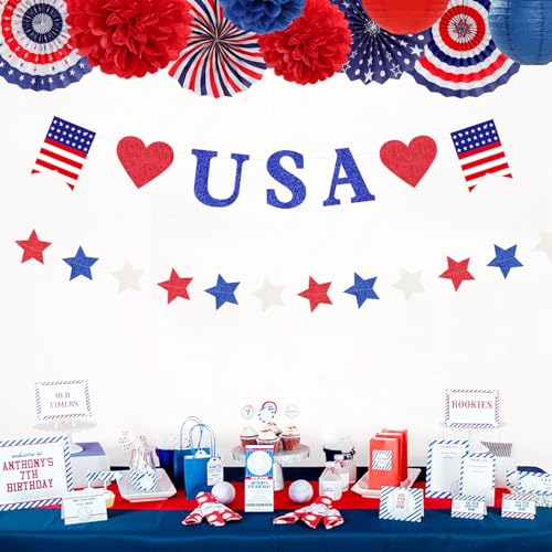 Image of Red-White Blue Memorial-Day Patriotic Decorations - 21pcs 4th Fourth of July Americana Banner Garland,Independence Party Decor Paper Streamers Lanterns,Flower Tissue Pom Poms Fan Supplies Huglony