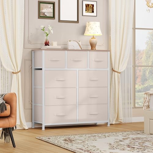 DWVO Dresser with 9 Drawers - Fabric Storage Tower, Organizer Unit for Living Room, Hallway - Sturdy Steel Frame, Wooden Top & Easy Pull Fabric Bins