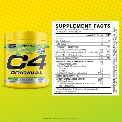 Image of C4 Original Pre Workout - Jolly Rancher Green Apple - Pre-Workout for Endurance, Focus & Performance with 200mg Caffeine, Beta-Alanine, Creatine Nitrate, L-Arginine & PeptiPump - 30 Servings