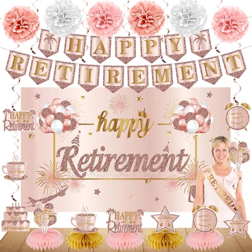 Image of Kuxriox 20PCS Retirement Party Decorations Kit for Women, Pink Rose Gold Retirement Backdrop Balloons Honeycomb Centerpiece Swirl Paper Pompoms Party Supplies, Retired Sash Table Topper Swirls Set