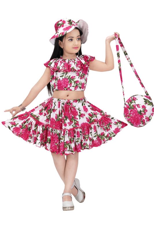 Laraib Fashion Girls Midi Top and Skirt Combo Dress with Cap and Purse offers donot miss