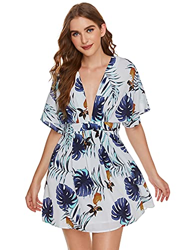 Image of Floerns Women's Tropical Floral Plunging V Neck Tie Open Back Summer Short Dress