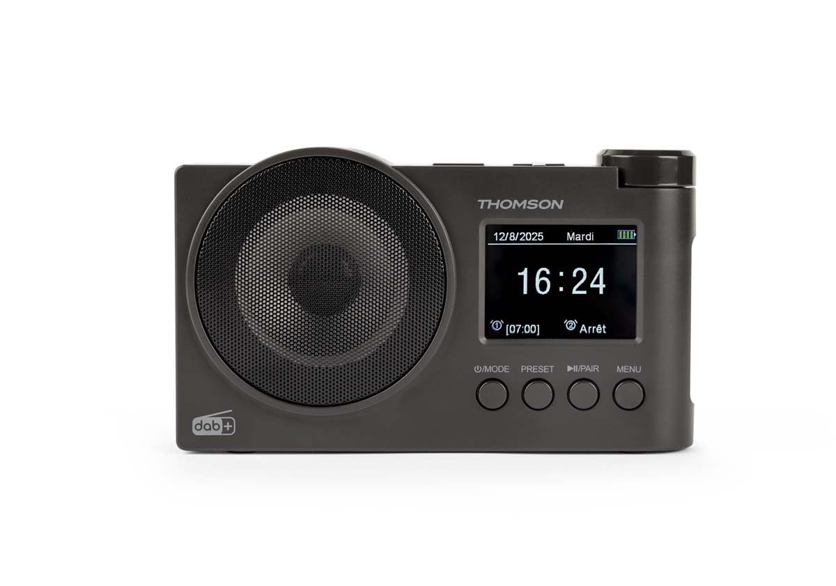 Radio Dab+, radio FM, 60 estaciones preestablecidas posibles, recargable o CA, reloj despertador, altavoz Bluetooth Thomson RT400DABBTBK (negro), cable de carga USB C