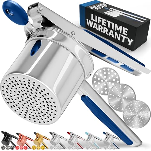 Image of PriorityChef Large 15oz Potato Ricer With 3 Discs, Heavy Duty Stainless Steel Potato Ricer for Mashed Potatoes, Potato Masher, Press and Ricer Kitchen Tool, Blue