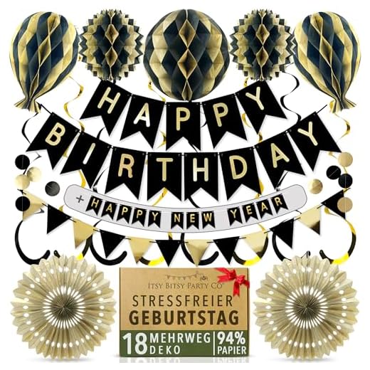 Premium Wiederverwendbare Party Deko - Silvester Deko 2024 / Geburtstagsdeko Gold & Schwarz - Mehrzweck Girlande: Happy New Year, Happy Birthday +mehr - Happy New Year Deko 2024 & Deko Geburtstag