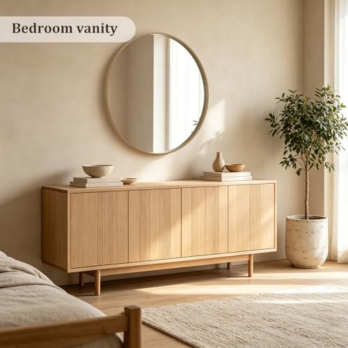 Image of WallBeyond Round Wood Mirror, 40 inch Round Modern Decoration Large Circle Wall Mirror for Bathroom Living Room Bedroom Entryway, Natural