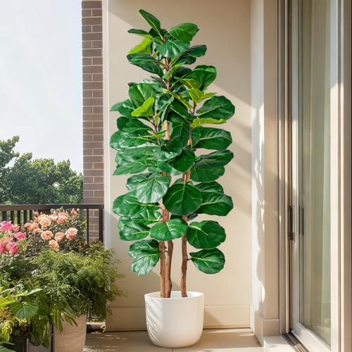Image of Artificial Fiddle Leaf Fig Tree 5FT, Faux Fig Tree Indoor with Natural Wood Trunk & Realistic Leaves with Moss Pot Fake Ficus Tree Large Faux Floor Plant for Living Room Home Decor, House Plant