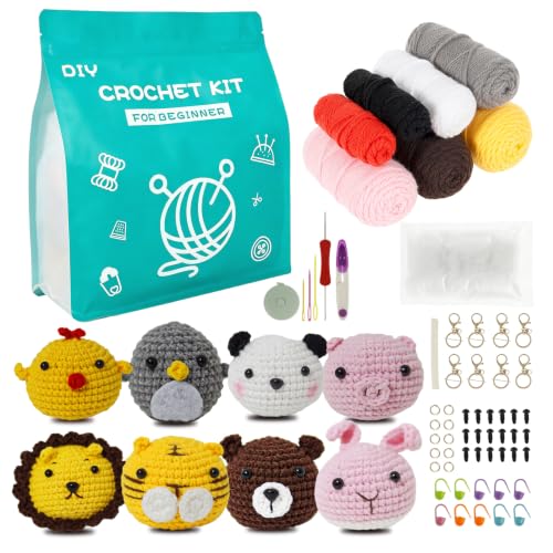 MENIBBLER 8Pcs Crochet Kits for Beginners Animals Beginners Crochet Kit Crochet Set Include Various Accessories with Instructions and Video Tutorials for Starters Adult Kids(8 Pcs)