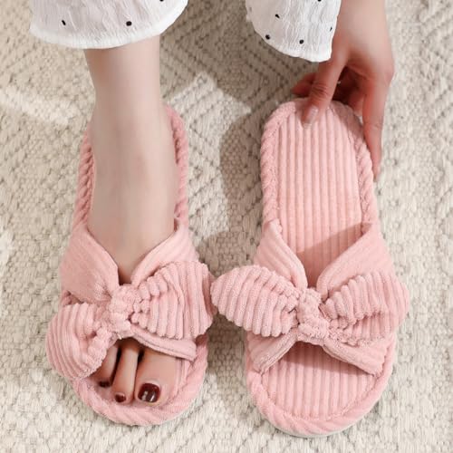 Bow Knot Slippers Women Cute Corduroy Slipper Preppy Kawaii House Slipper Comfy House Slides Open Toe Sandals Bedroom Shoes EVA Sole Cozy Indoor Outdoor Home Slipper2