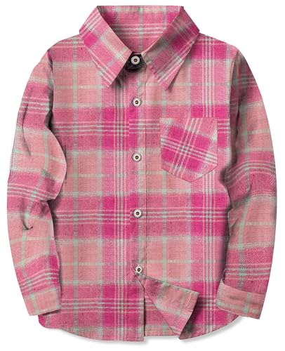 Image of SELINK Girls Long Sleeve Flannel Buffalo Plaid Button Down Shirt | Soft Flannel Fabric,Classic Buffalo Plaid Button Down Collared Blouse For Girls Casual Daily Outfits