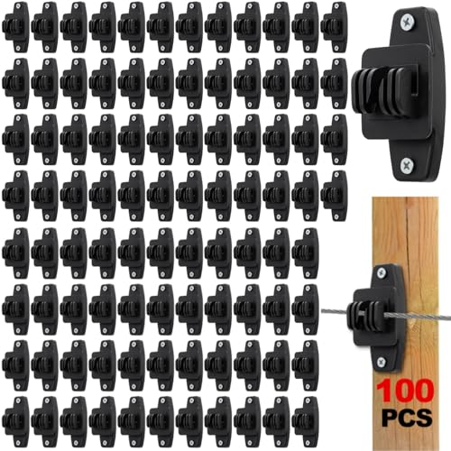 Acshio 100 Pack Electric Wire Fence Insulators Black Wood Post Claw Insulators Fence Accessories with Screws Heavy Duty Nail Wood Post Nail on Insulator for Ranch Agriculture Farm Fence
