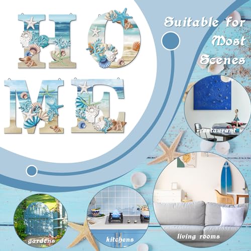 4 Pcs Wood Home Signs - Coastal Beach Style Signs With Blue Starfish and Shell Wall Decor for Home, Living Room, Kitchen, Bedroom - Image 6