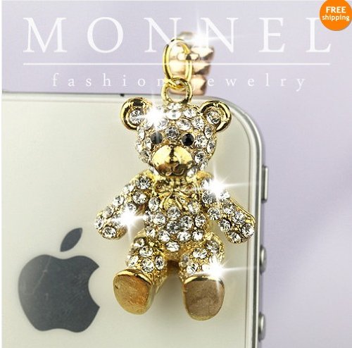 IP391-B Gold Crystal Teddy Bear Charm Cell Phone Anti Dust Plug Cover for Phone with 3.5mm earphone jack