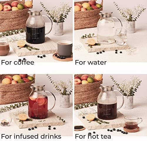 Pykal Glass Water Jug with Lid - 2l - Heat Resistant Juice or Cocktail Fridge Pitcher with Handle and Lid - Borosilicate Pitchers for Hot or Cold Drinks - w/ Free Brush
