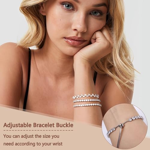 YADOCA Tennis Bracelets For Women - Silver Plated Bracelet Stack Cubic Zirconia CZ Diamond Adjustable Stackable Bracelets Set For Prom Wedding Jewelry Gift 3Pcs2