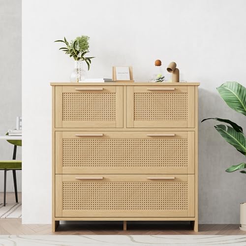 REXO Rattanschrank 80x80x38 cm Hochwertig 4-Schubladen mit...