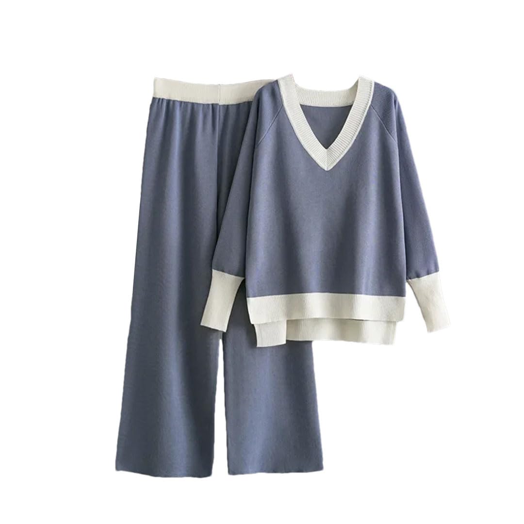 Maglione da donna con scollo a V Set di due pezzi Pullover Top allentati Abiti Chic Baggy Pantaloni della tuta a vita alta Vestito coreano