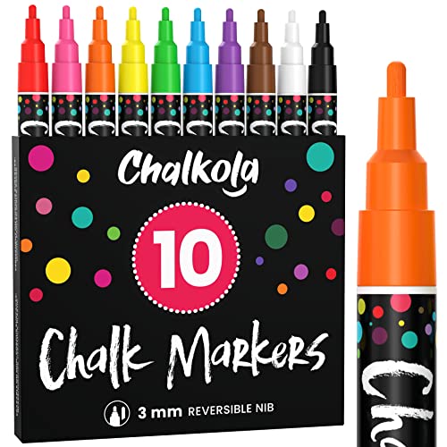 Chalkola Marqueurs À Craie Lot De 10 Stylos Craie À Pointe Fine Pour Tableau Noir, Enseignes, Fenêtres, Bistro - Pointe Réversible De 3 mm - 50 Étiquettes De Tableau Incluses