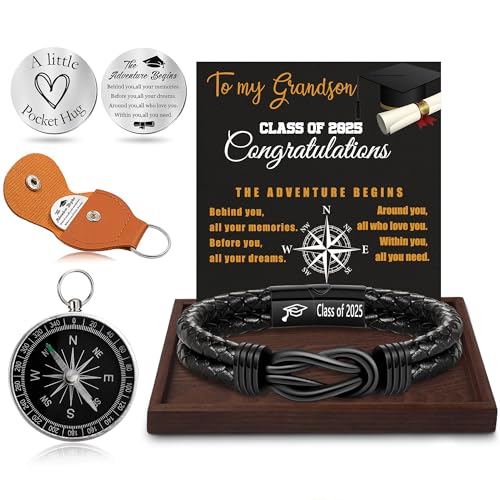 Graduation Gifts for Him, 2025 High School Graduation Gifts Class of 2025 Teen Gift Trendy Stuff Leather Bracelet for Men with Pocket Hug Token Compass College Middle 5th 8th Grade Masters Degree Graduate Knot Jewelry for Son Grandson Boyfriend