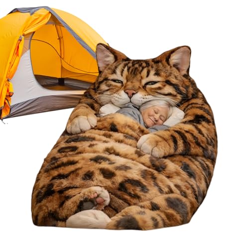 Saco de dormir gato para humanos e adultos - tamanho grande de 175 cm | saco de inverno de peluche com design de gato adorável | acolchoado para campismo, pijamas e noites frias em casa