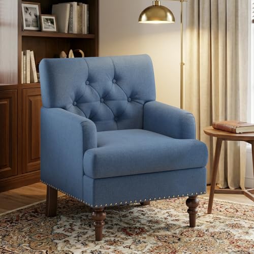 Image of MALOL Upholstered Accent Chairs Set of 2, Mid Century Modern Living Room Bedroom Reading Chair with Thick Cushion & Solid Rubberwood Legs, Comfy Armchair for Small Spaces, Blue