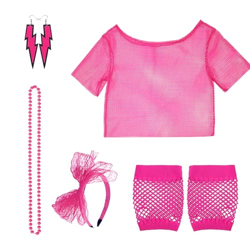 POPAPIE 1 pieza Ropa de Los Años 80 para Mujer Top de Rejilla Color Rosa Neón,Camiseta Rejilla Red de Neón,Accesorios de Disfraz de Los Años 80 con Guantes de Malla Collares Pendientes Diadema