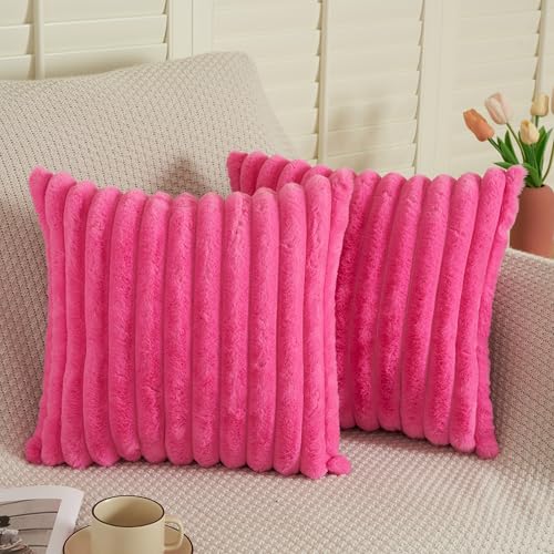 ORANIFUL Housse de Coussin Fausse Fourrure 60x60 Lot de 2 Carré Decoratif Doux Velours Taie Oreiller pour Canapé Chambre Salon Divan (Rose Fushia)