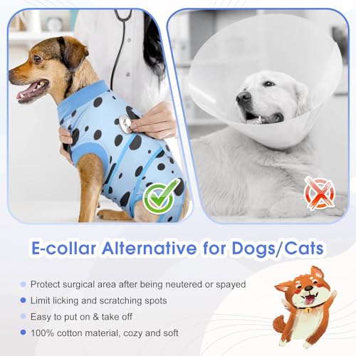 Image of Kuoser Dog Surgery Suit, Soft Dog Spay Recovery Suit Female, Anti Licking Neuter Recovery Suit for Male Dogs, Post-Op Pet Surgical Suit Protective Wear E-Collar & Cone Alternative,Blue Polka Dots S