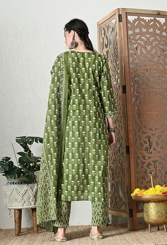 Image of Amazon Brand - Tavasya Women Cotton Anarkali Kurta Pant Dupatta Set | Printed Ethnic Suit Set | Flared Anarkali Kurta with Pant & Dupatta | Festive & Casual Wear