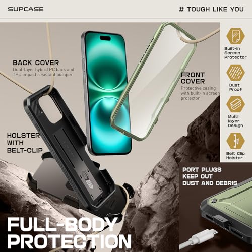 Image of SUPCASE Unicorn Beetle Pro Case with Screen Protector, Built-in Stand & Belt-Clip, Military-Grade Protection, Full Body Heavy Duty Phone Case for iPhone 16 Pro 6.3'' 2024 (Green)