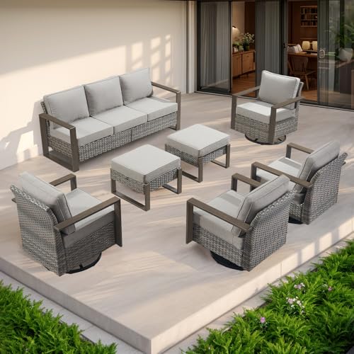 Rilyson Outdoor Wicker Patio Furniture Set - 7 Piece Patio Conversation Set with 4 Wicker Swivel Rocker Chairs,2 Rattan Ottoman and 1 Couch,Thick Cushions,Deep Seating,Wide Armrest(Mixed Grey/Grey)