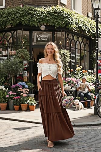 Image of Lepunuo Womens Casual Boho High Waisted Flowy Maxi Skirts Tiered Floral Long Skirts with Pockets for Summer Beach Vacation