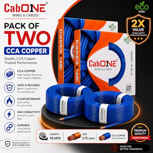Image of CabONE 0.75 SQ.MM FR PVC Insulated Copper Electrical Wire, 90 Meter (Blue, Pack of 2) | ISI Marked Fire Retardant Single Core Cable for Home Wiring