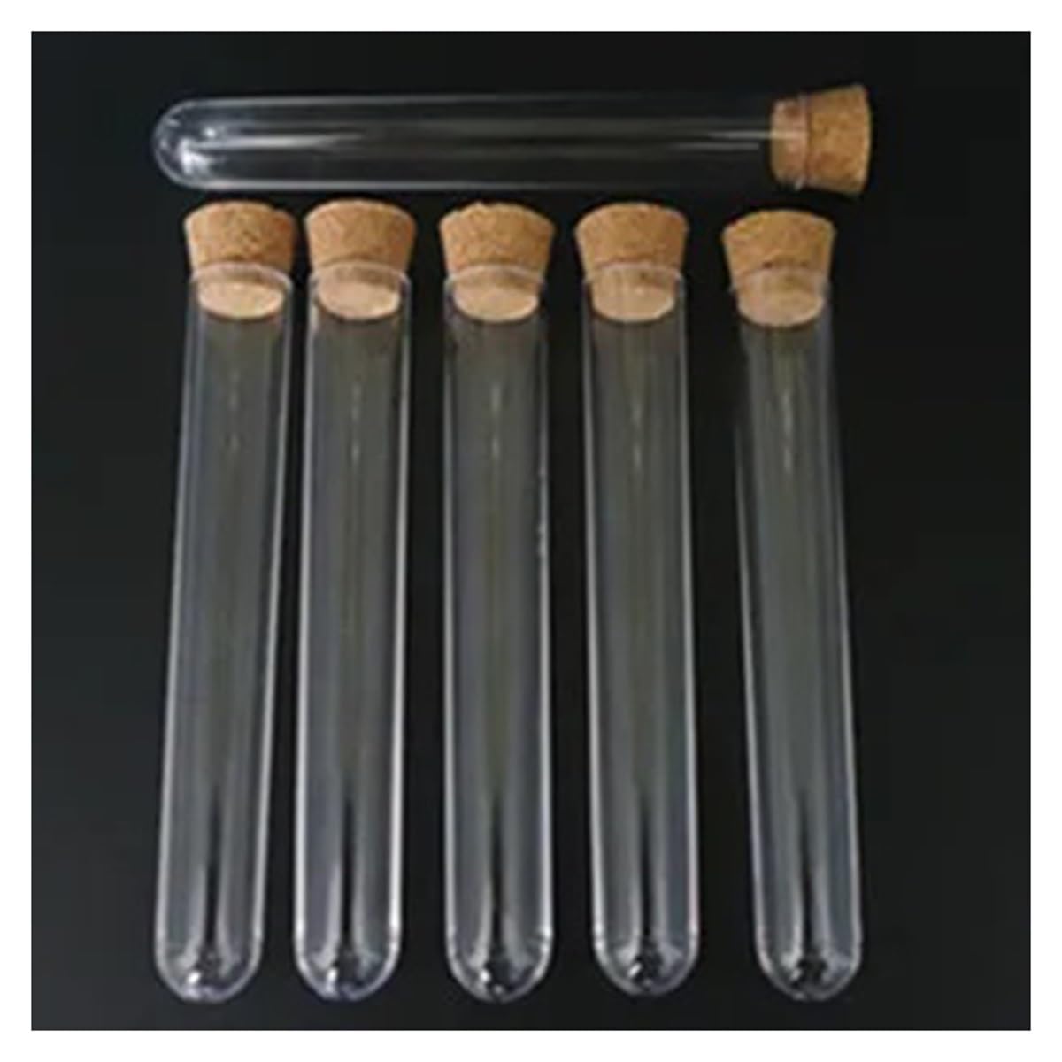 Lote de 100 tubos ensayo plástico transparente 12 a 25 mm diámetro con tapones corcho Equipamiento de laboratorio