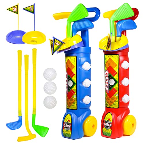 Kids 2pk Toy Golf Set with Golf Clubs, Plastic Balls, Practice Holes, and Rolling Caddy Playset