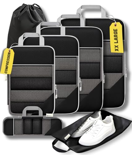 7-Set Compression Packing Cubes for Travel, Lightweight Luggage Packing Organizer for Backpacks & Suitcases, Space Saving Perfect Packing Essentials Double Zipper Travel Accessories