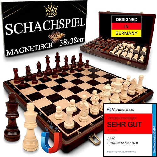 APEQi® Premium Schach MAGNETISCH - Schachspiel Holz HOCHWERTIG - [38x38cm], Massivholz, 2 EXTRA-Damen, Geschenkidee - Schachbrett Holz hochwertig - Chess Board 34 Schachfiguren Reiseschach magnetisch