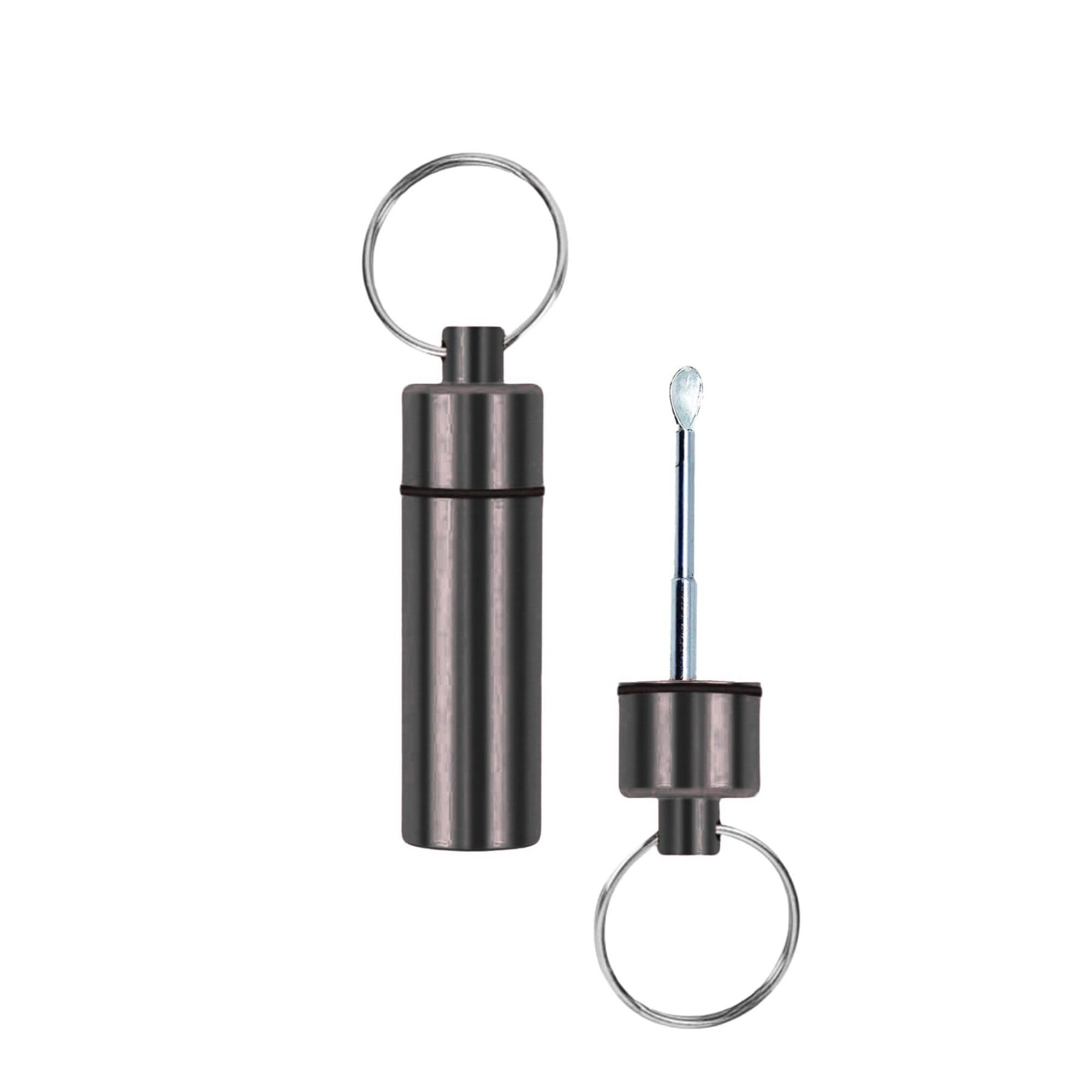 Aluminium Pill Case with Mini Telescopic Spoon Keyring Holder Colours Available (Black)