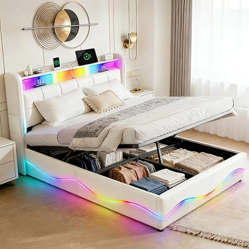 XMFFPM Lit avec Rangement Rembourré 160x200 cm avec Chargement USB et Type-C, Tête de Lit en Cuir, Éclairage LED, Système de Support à Lattes et Rembourrage Anti-Bruit, Lit à Soulèvement à Gaz, Blanc