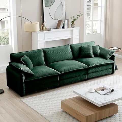 115.34'' Oversized Modular Sectional Sofa, Comfy Sofa Couch Corduroy Upholstered 3 Seat Cloud Couch with 5 Pillows, Modern Deep Seat Sectional Couches for Living Room, Green Cover