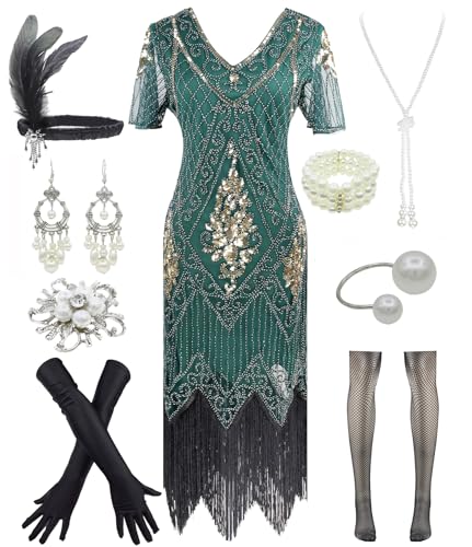 Image of Women 1920s Gatsby Vintage Sequin Flapper Fringe Party Plus Dress with 20s Accessories Set