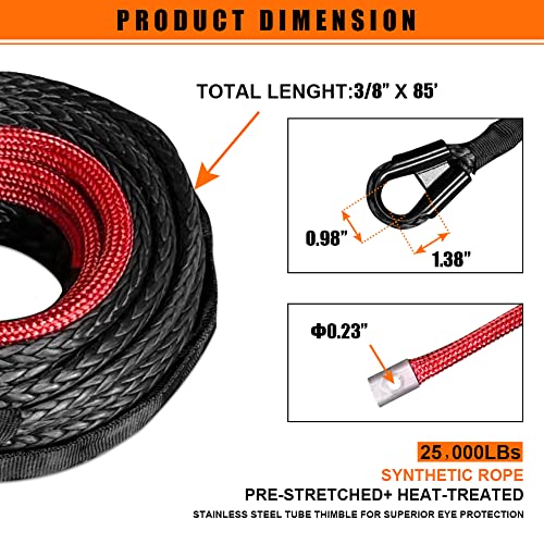 Alltoauto Synthetic Winch Rope, 3/8" X 85'-25000 Lbs Dyneema Synthetic Winch Rope Line Cable With Protective Sleeve For Truck 4Wd Off-Road Vehicle Winch Accessory #TOP2