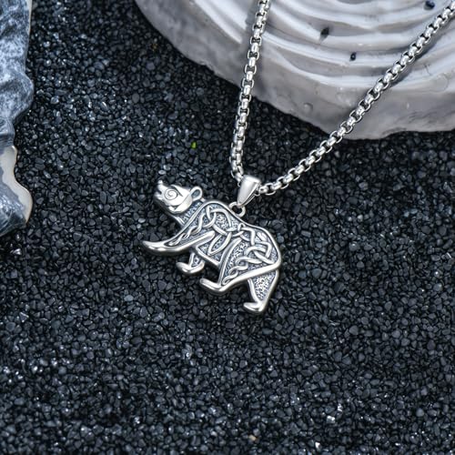 Viking Bear Necklace 925 Sterling Silver Celtic Knot Bear Pendant Norse Jewelry for Men, w/Stainless Steel Chain 22"+2"2
