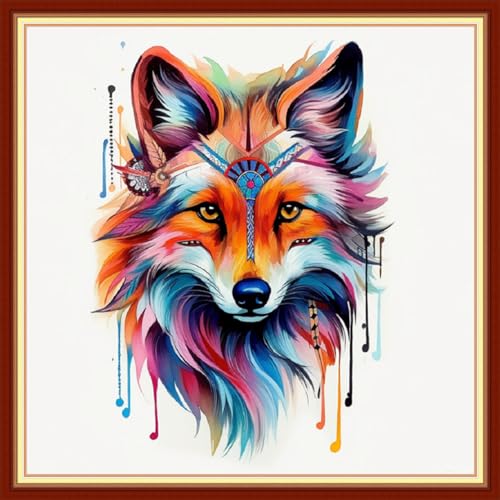 Image of Disxvivy Cross Stitch Stamped Full Embroidery Kits DIY 11CT Cotton Thread Printed DIY Needlepoint Kits Craft Needlework Set Cross-Stitch Stamped Sets- Rainbow Wolf 18x18 inch