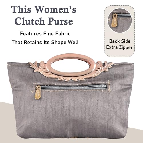 Image of Kuber Industries Polyester Hand Bag for Woman with Zip Closure | Ladies Purse | Lightweight Party and Wedding Clutch Purse for Women | Kada Design - Grey